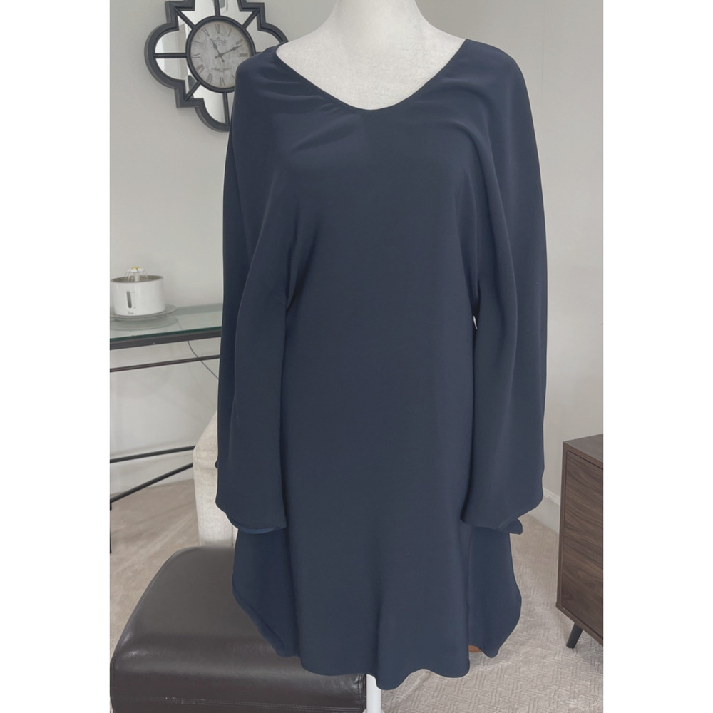 Women Small Silk Cape Dress Mini Navy Blue Bat Wings Retro Designer Minimalist
